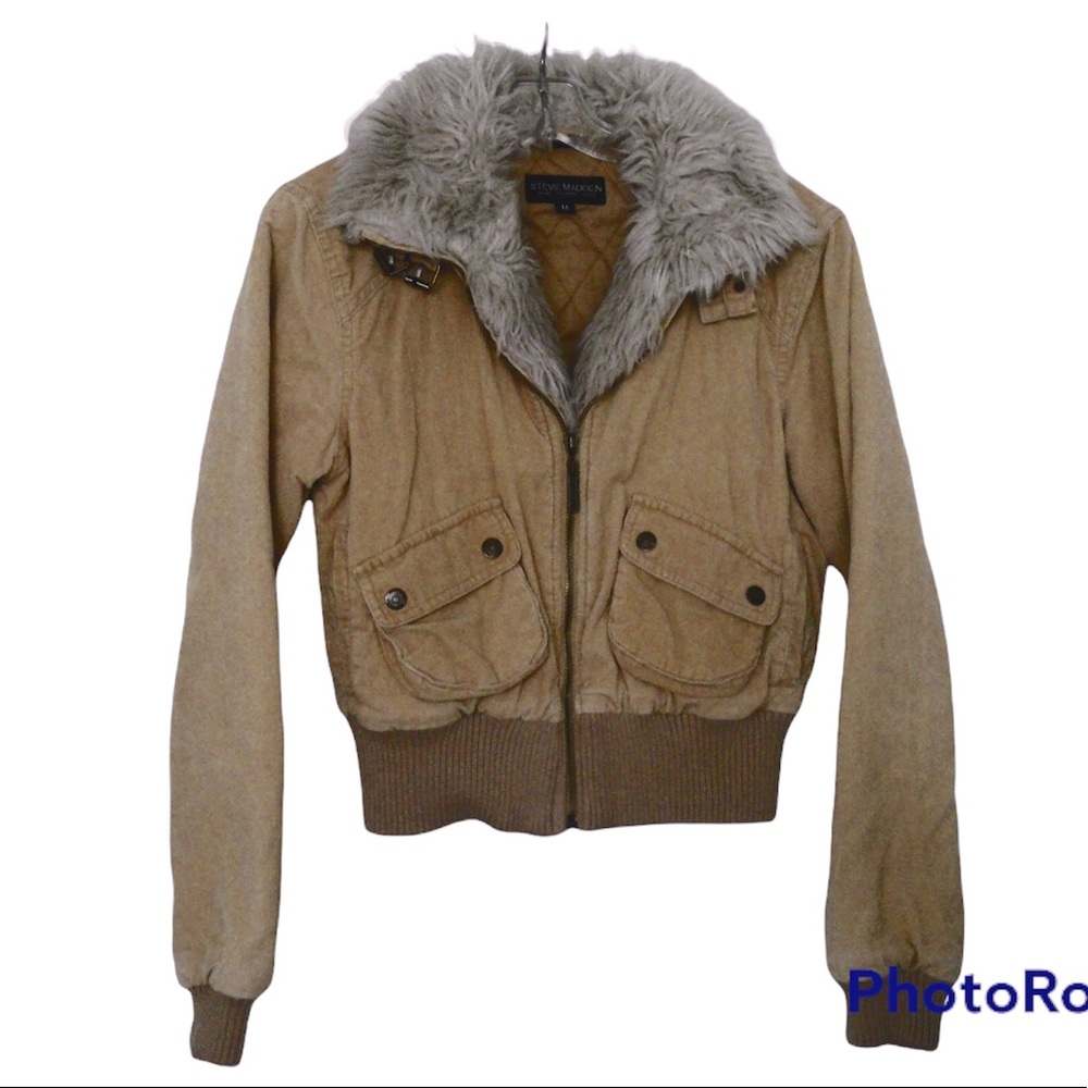 STEVE MADDEN beige faux fur fall bomber jacket sz S!